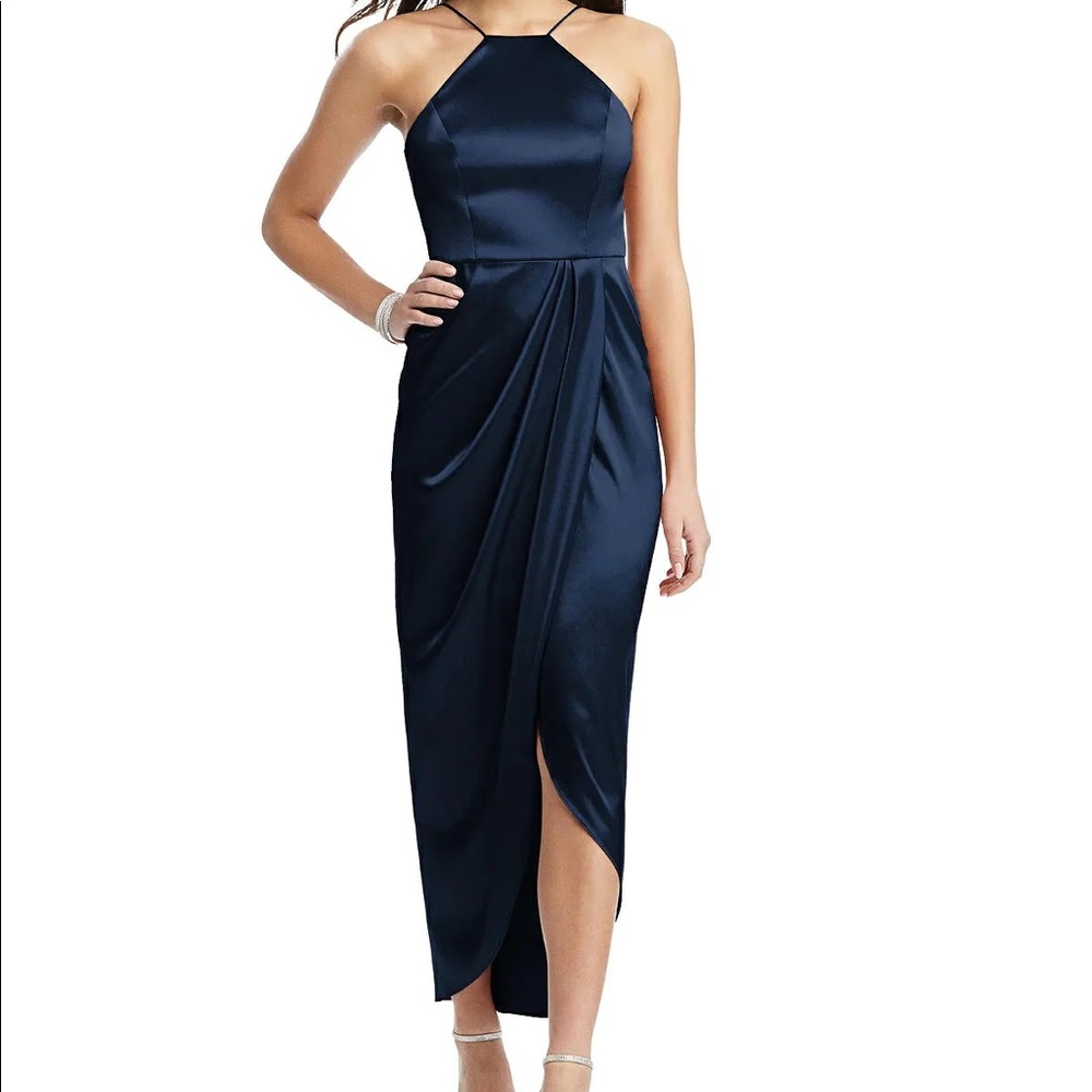 After Six 
Satin Halter Dress W/ Draped Tulip Skirt